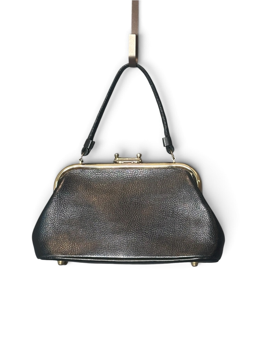 Vintage Letisse Black Leather Frame Handbag Kiss Lock Top Handle Purse Gold Tone